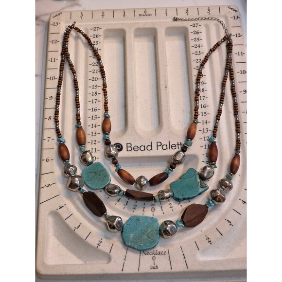 Three-Layer Wooden & Turquoise Bead Necklace With Silver‎ Accents - Picture 2 of 5